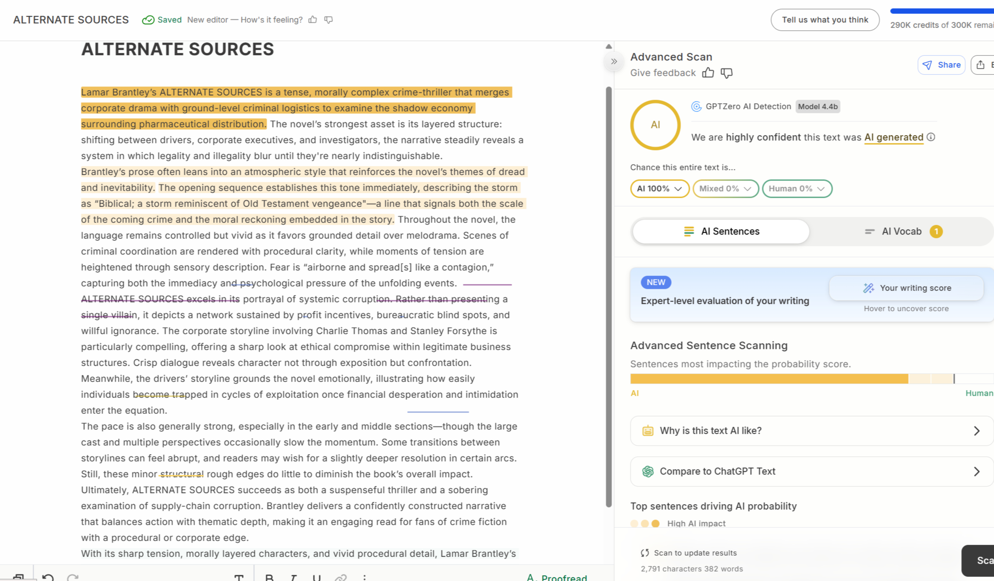 Alternate Sources GPTZero result