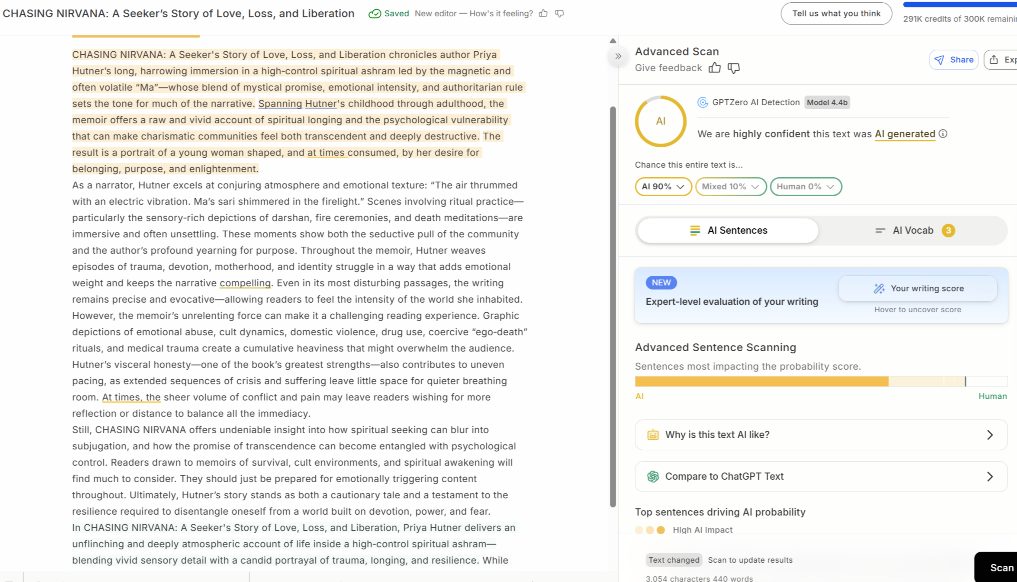 Chasing Nirvana GPTZero result