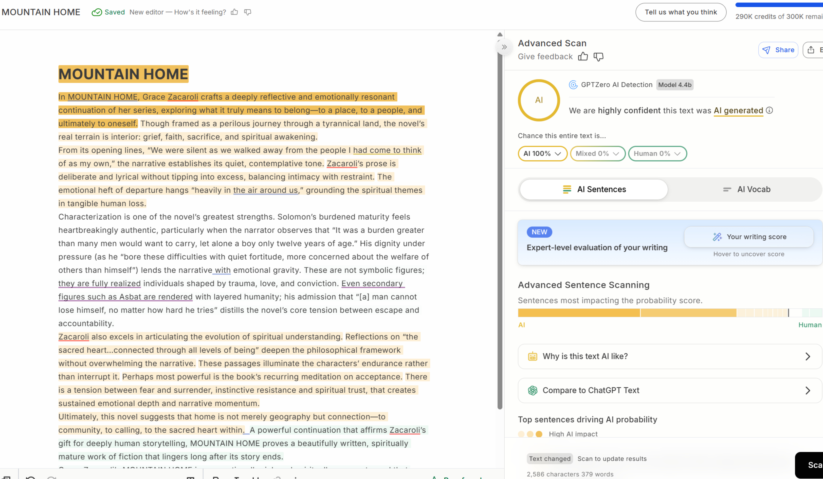 Mountain Home GPTZero result