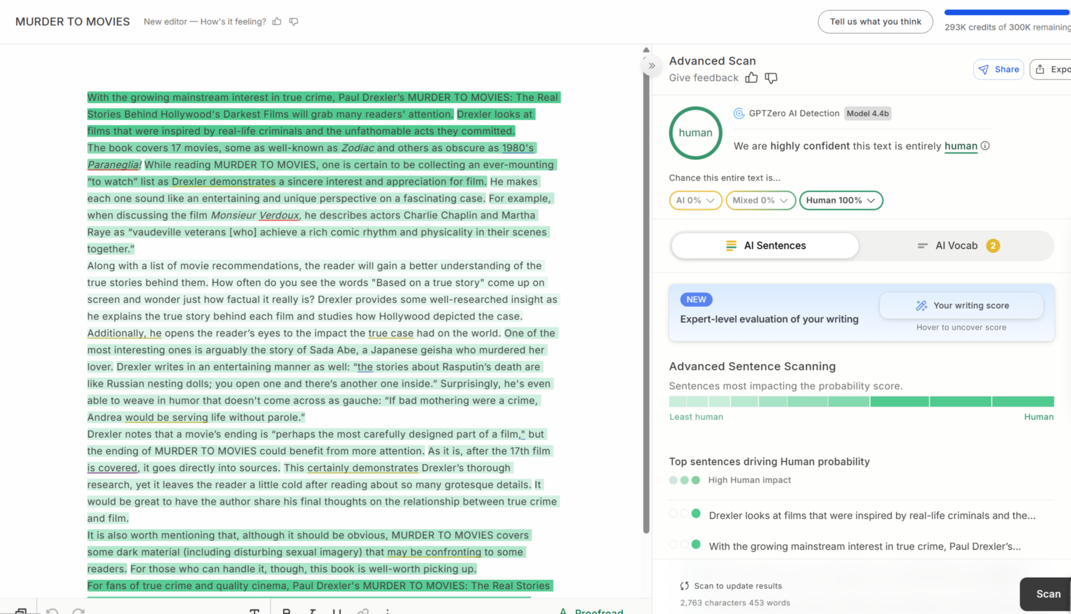 Murder to Movies GPTZero result
